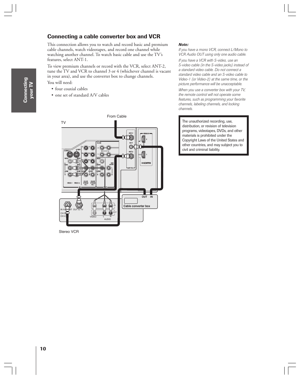 Connecting a cable converter box and vcr | Toshiba 52HMX84 User Manual | Page 10 / 72