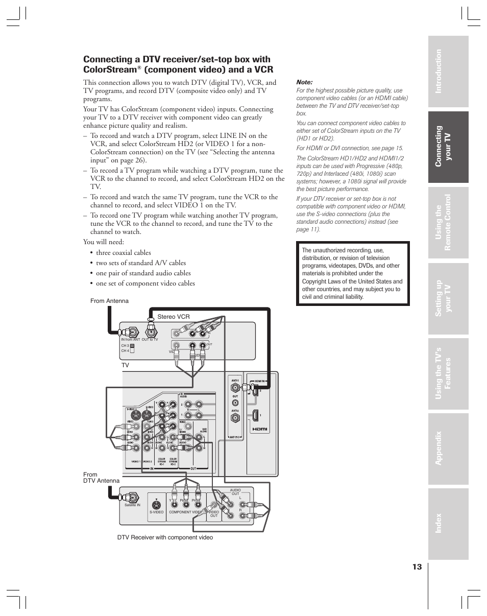 Component video) and a vcr | Toshiba 52HMX84 User Manual | Page 13 / 72