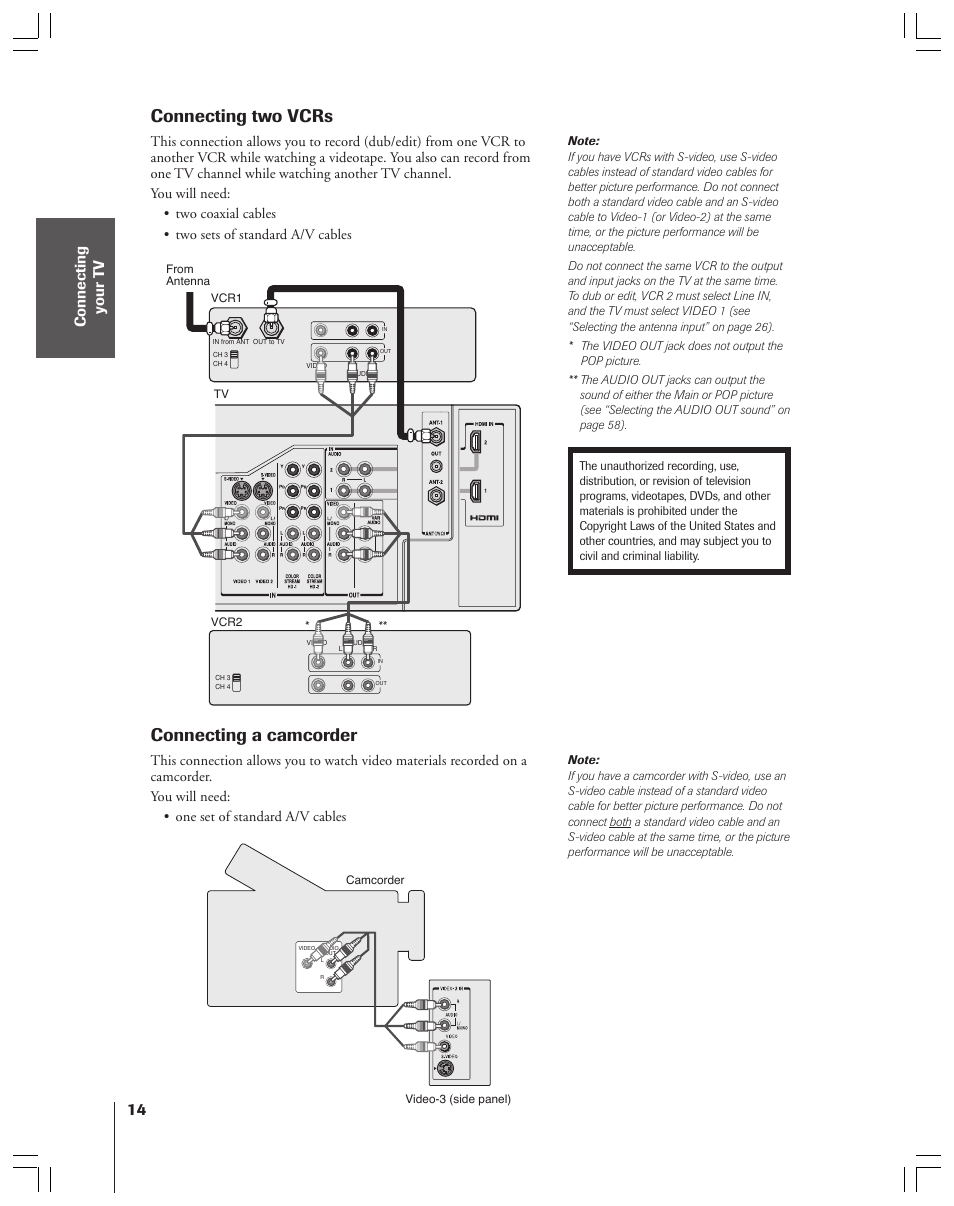 Connecting two vcrs, Connecting a camcorder | Toshiba 52HMX84 User Manual | Page 14 / 72