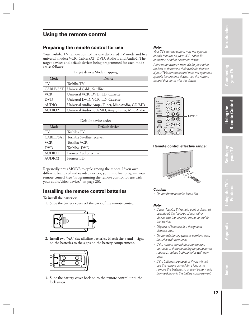 Using the remote control, Preparing the remote control for use, Installing the remote control batteries | Toshiba 52HMX84 User Manual | Page 17 / 72