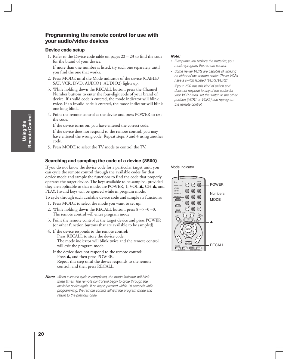 Device code setup, Searching and sampling the code of a device (8500) | Toshiba 52HMX84 User Manual | Page 20 / 72