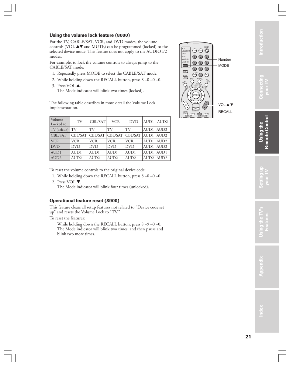 Using the volume lock feature (8000), Operational feature reset (8900) | Toshiba 52HMX84 User Manual | Page 21 / 72