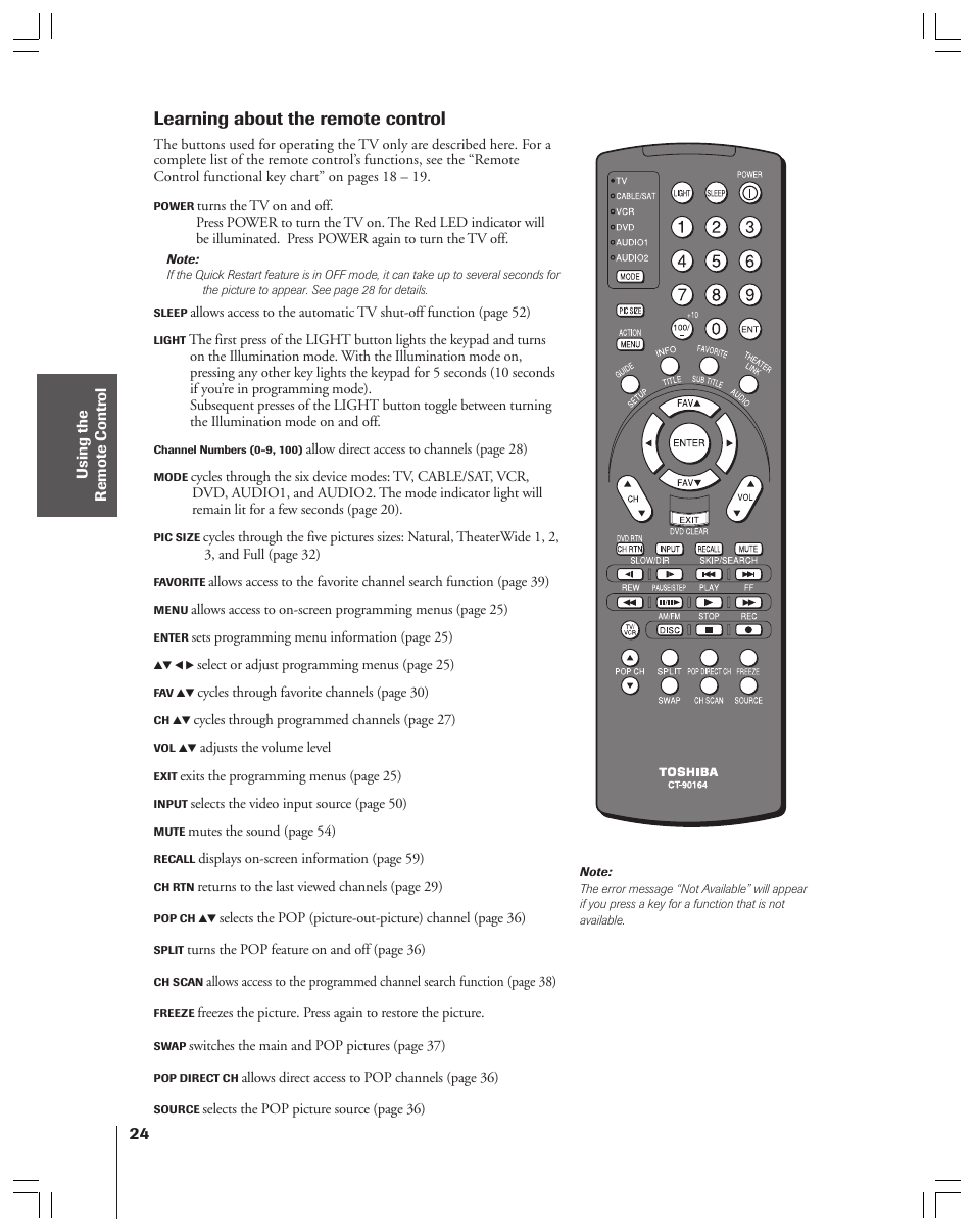 Learning about the remote control | Toshiba 52HMX84 User Manual | Page 24 / 72