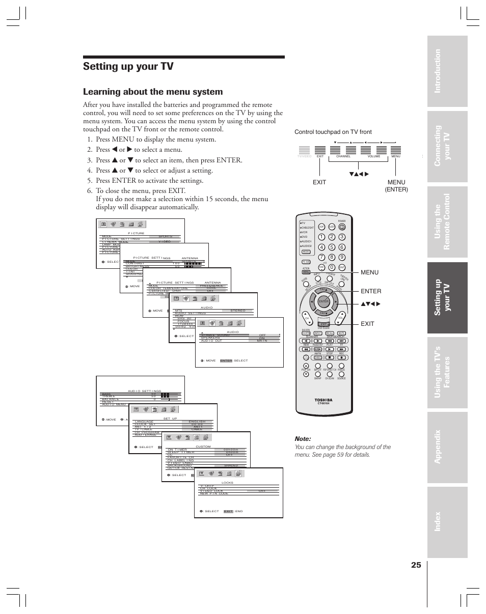 Setting up your tv, Learning about the menu system | Toshiba 52HMX84 User Manual | Page 25 / 72