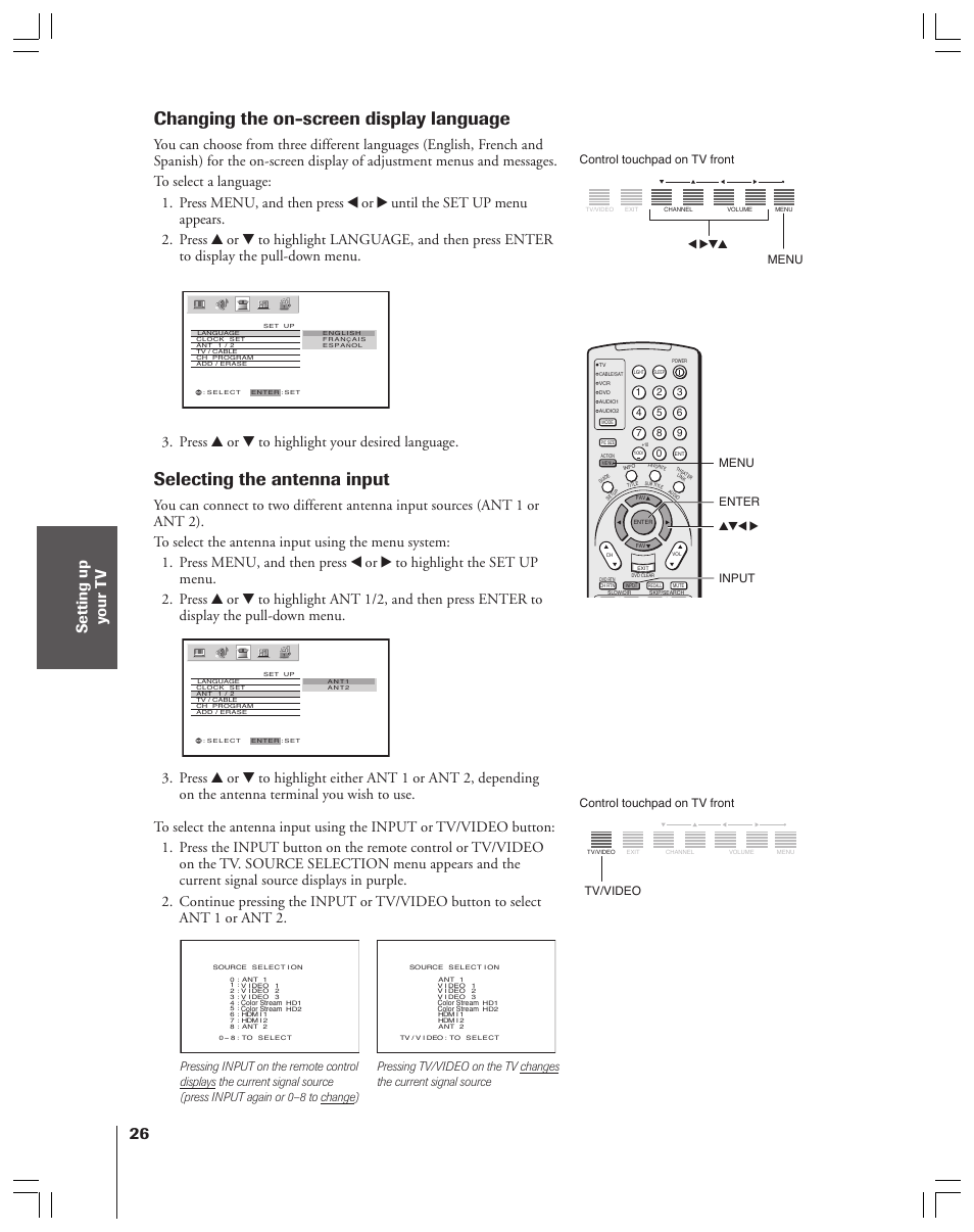 Changing the on-screen display language, Selecting the antenna input, Press y or z to highlight your desired language | Toshiba 52HMX84 User Manual | Page 26 / 72