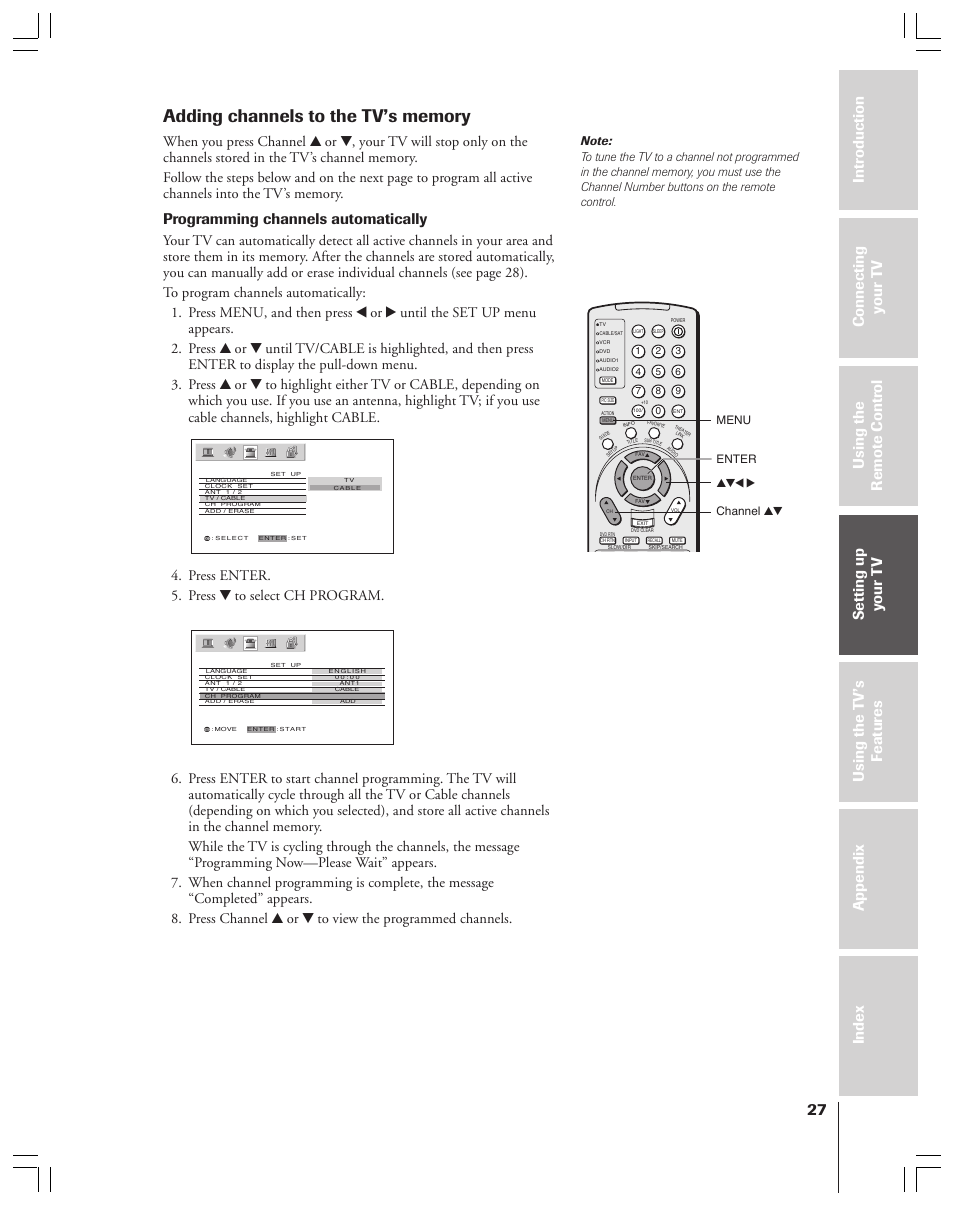 Programming channels automatically, Press enter. 5. press z to select ch program | Toshiba 52HMX84 User Manual | Page 27 / 72