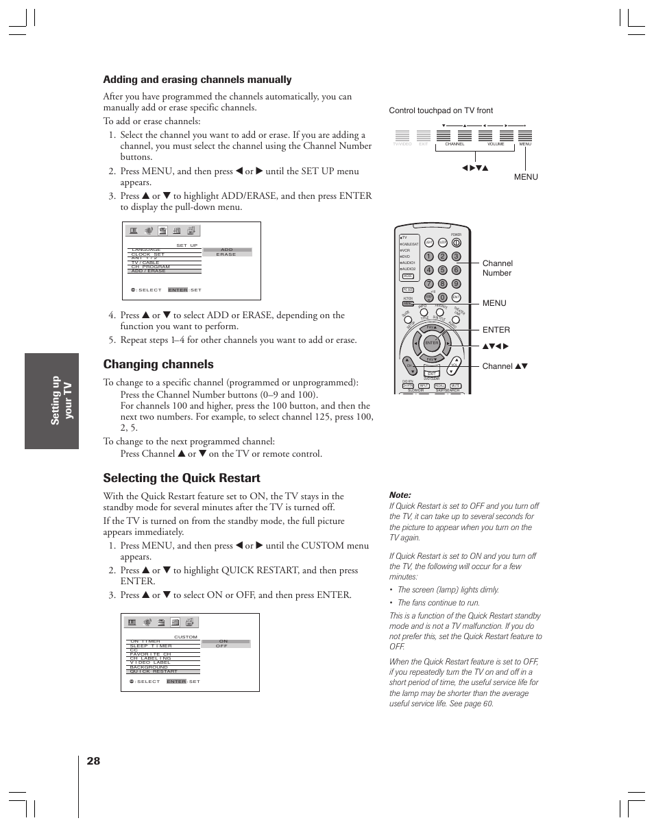 Changing channels, Selecting the quick restart, Adding and erasing channels manually | Toshiba 52HMX84 User Manual | Page 28 / 72