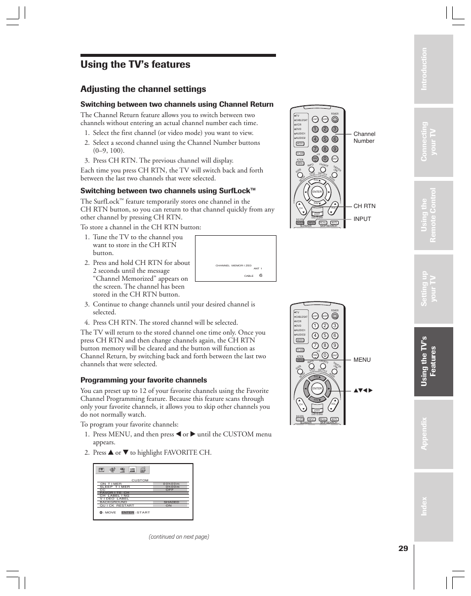 Using the tv’s features, Adjusting the channel settings, Switching between two channels using surflock | Programming your favorite channels, The surflock, Continued on next page) | Toshiba 52HMX84 User Manual | Page 29 / 72