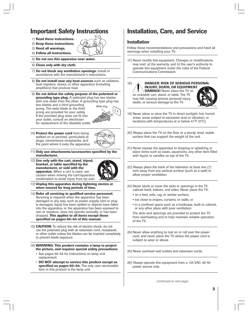 Installation, care, and service, Important safety instructions, Installation | Toshiba 52HMX84 User Manual | Page 3 / 72