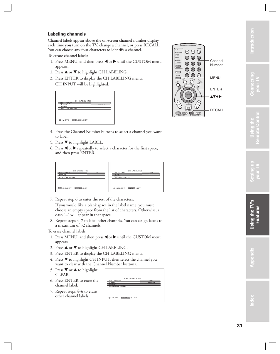 Labeling channels | Toshiba 52HMX84 User Manual | Page 31 / 72