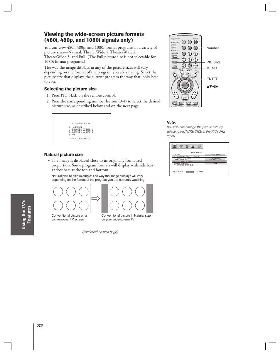 Selecting the picture size | Toshiba 52HMX84 User Manual | Page 32 / 72