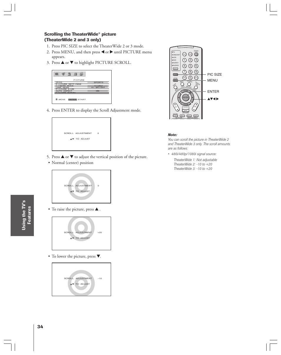 Scrolling the theaterwide, Picture (theaterwide 2 and 3 only), Press enter to display the scroll adjustment mode | Toshiba 52HMX84 User Manual | Page 34 / 72