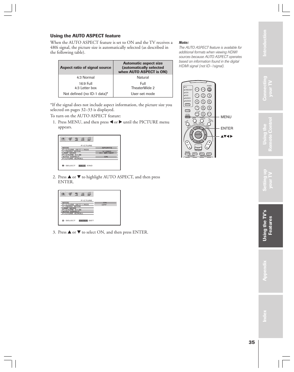 Using the auto aspect feature, Press y or z to select on, and then press enter | Toshiba 52HMX84 User Manual | Page 35 / 72