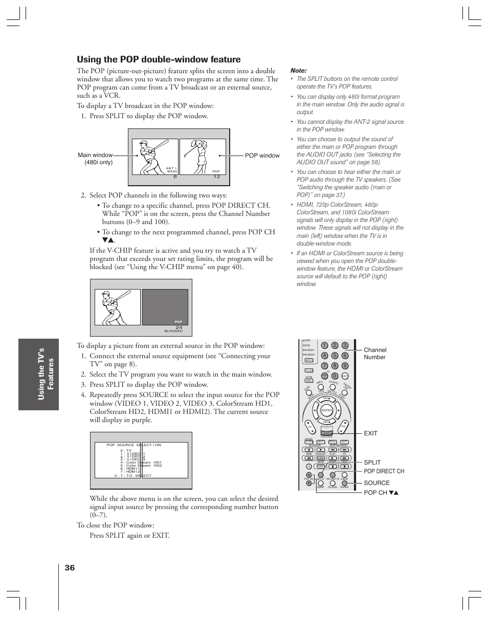 Using the pop double-window feature | Toshiba 52HMX84 User Manual | Page 36 / 72