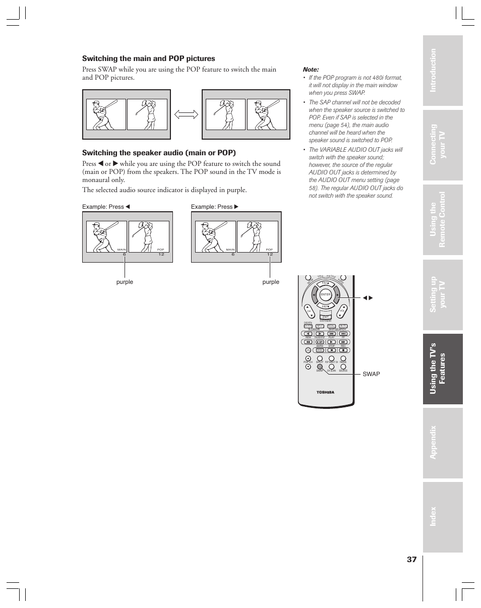 Switching the main and pop pictures, Switching the speaker audio (main or pop) | Toshiba 52HMX84 User Manual | Page 37 / 72