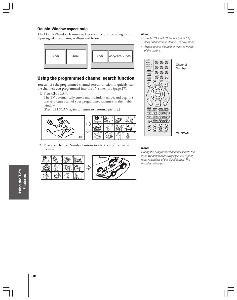 Using the programmed channel search function, Double-window aspect ratio | Toshiba 52HMX84 User Manual | Page 38 / 72