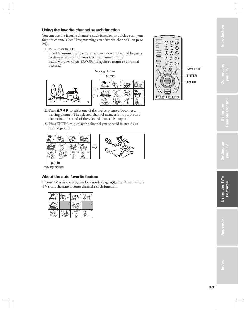 Using the favorite channel search function, About the auto favorite feature | Toshiba 52HMX84 User Manual | Page 39 / 72