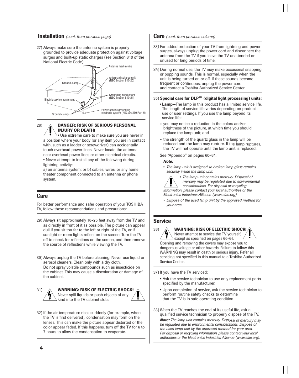 Installation, Care, Service | Toshiba 52HMX84 User Manual | Page 4 / 72