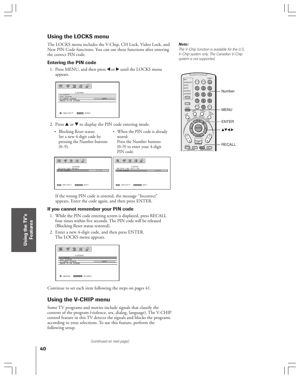 Using the locks menu, Using the v-chip menu, Entering the pin code | If you cannot remember your pin code, Press y or z to display the pin code entering mode | Toshiba 52HMX84 User Manual | Page 40 / 72