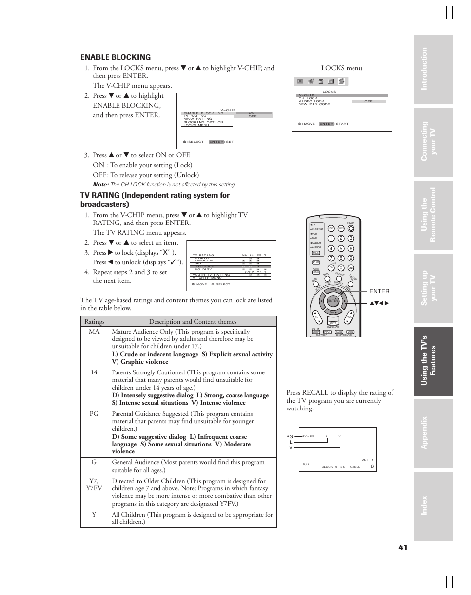 Enable blocking, Locks menu | Toshiba 52HMX84 User Manual | Page 41 / 72