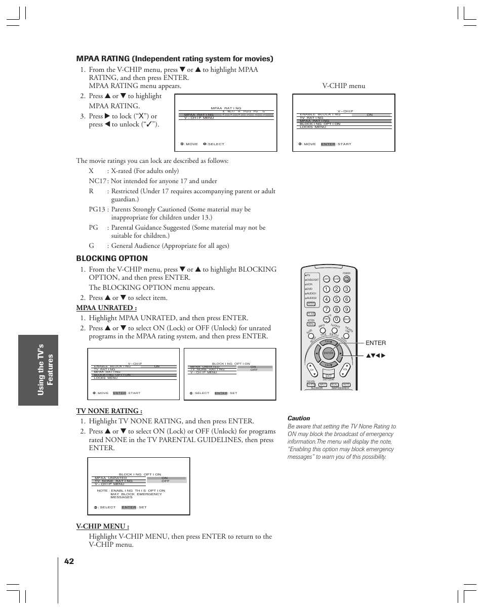 Mpaa rating (independent rating system for movies), Blocking option | Toshiba 52HMX84 User Manual | Page 42 / 72