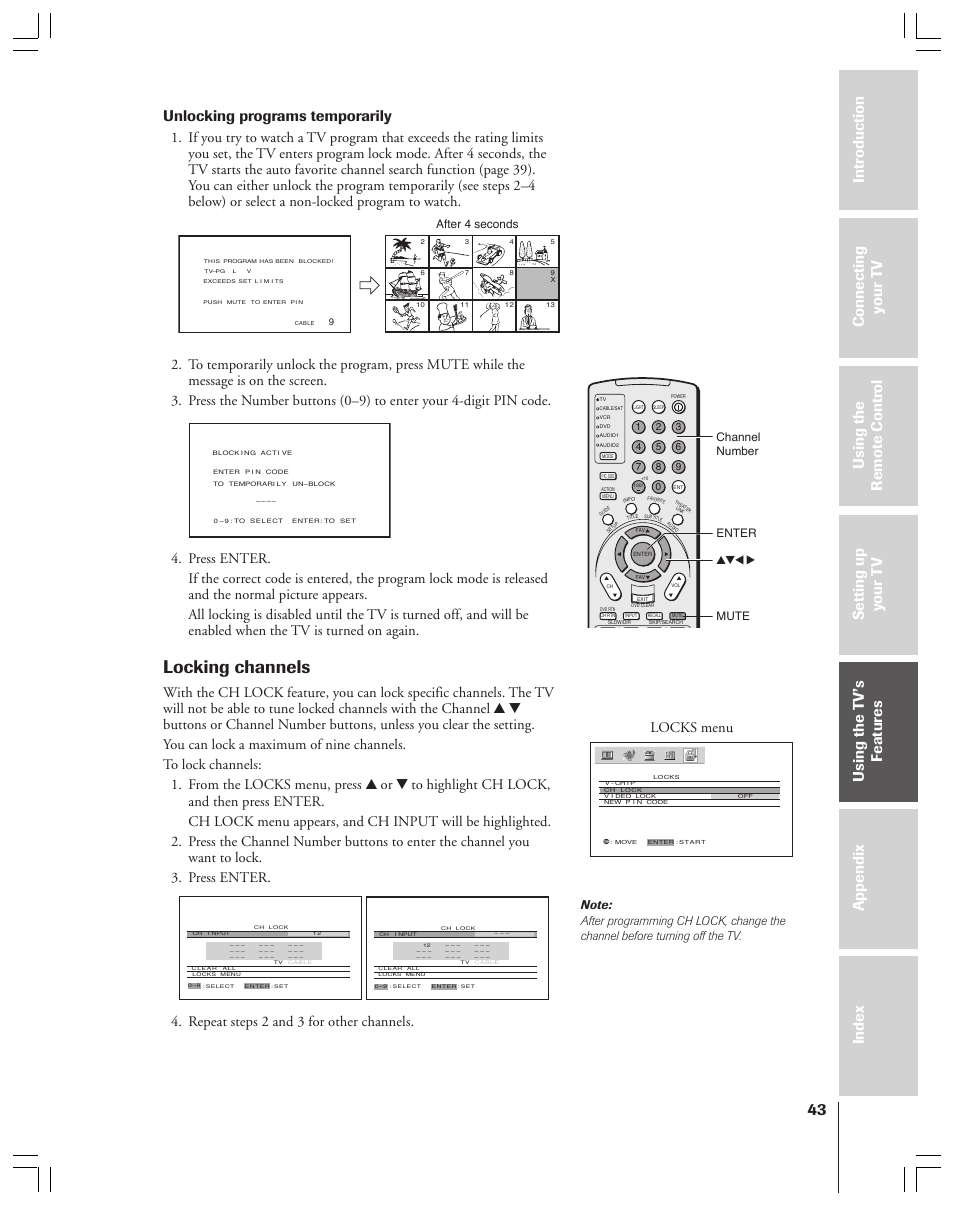 Locking channels, Unlocking programs temporarily, Repeat steps 2 and 3 for other channels | Locks menu | Toshiba 52HMX84 User Manual | Page 43 / 72
