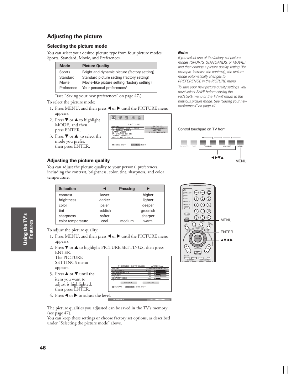 Adjusting the picture, Selecting the picture mode, Adjusting the picture quality | Toshiba 52HMX84 User Manual | Page 46 / 72