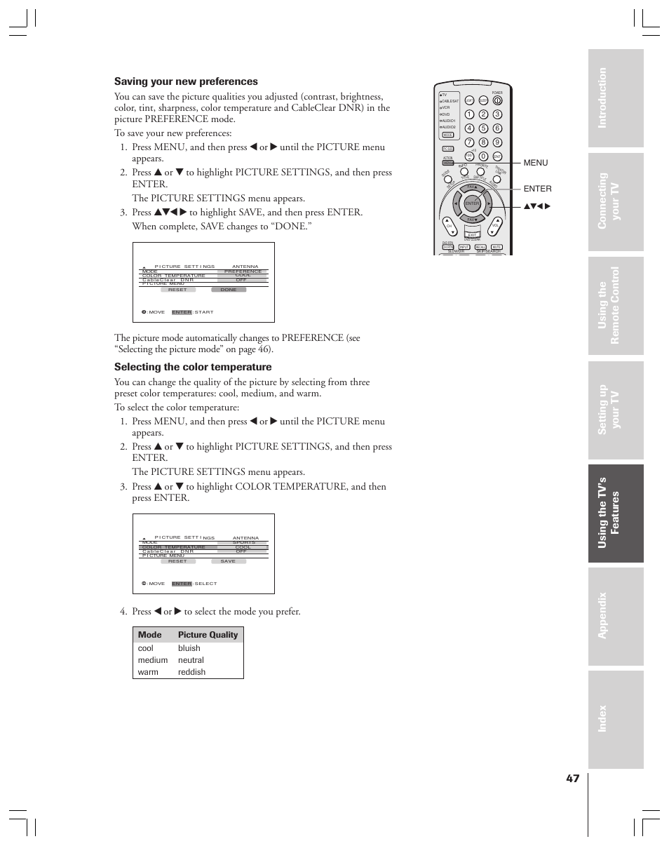 Saving your new preferences, Selecting the color temperature, Press x or • to select the mode you prefer | Toshiba 52HMX84 User Manual | Page 47 / 72