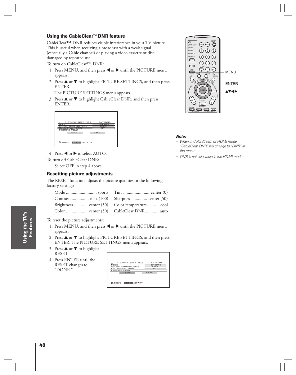 Using the cableclear™ dnr feature, Resetting picture adjustments | Toshiba 52HMX84 User Manual | Page 48 / 72