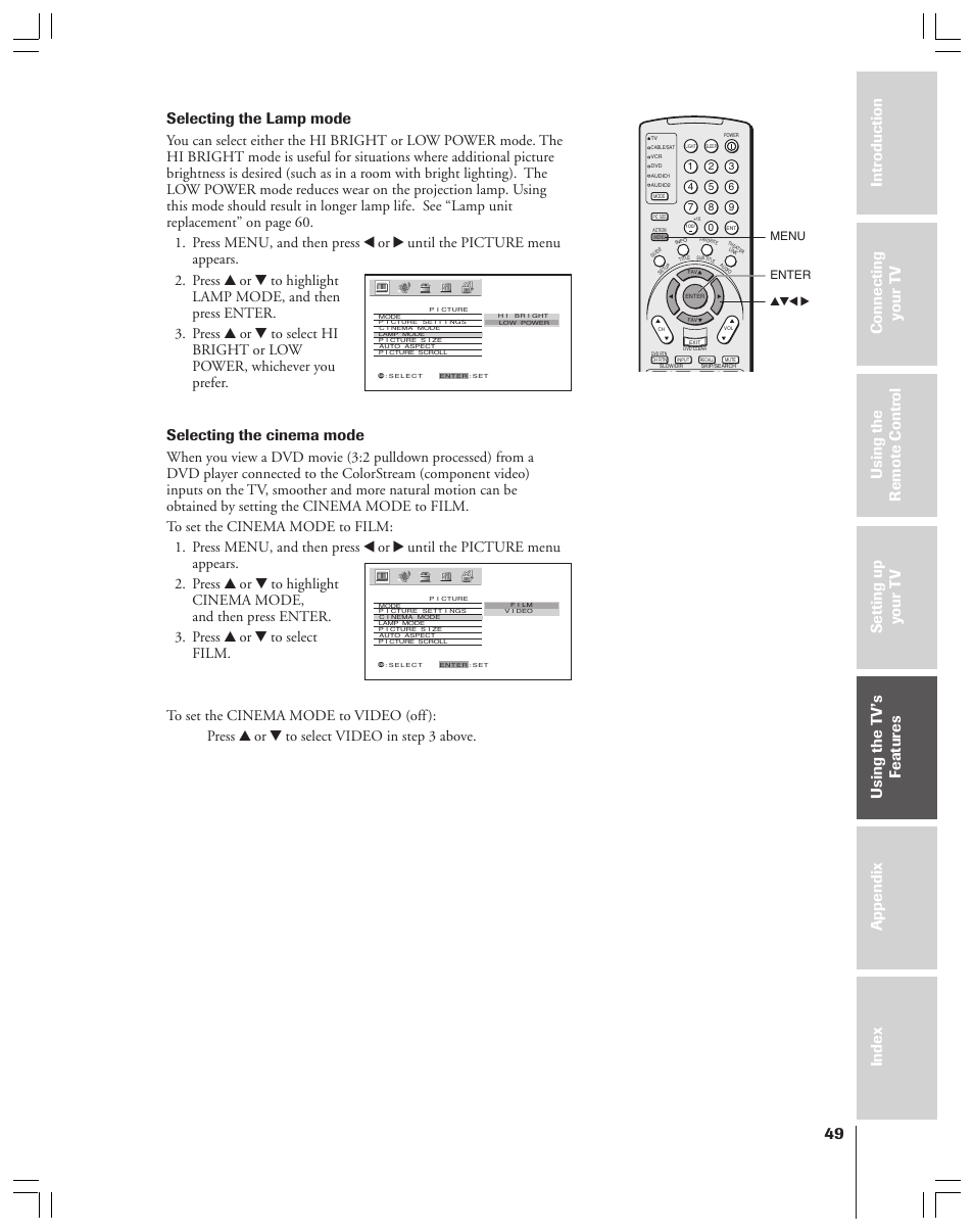 Selecting the lamp mode, Selecting the cinema mode | Toshiba 52HMX84 User Manual | Page 49 / 72
