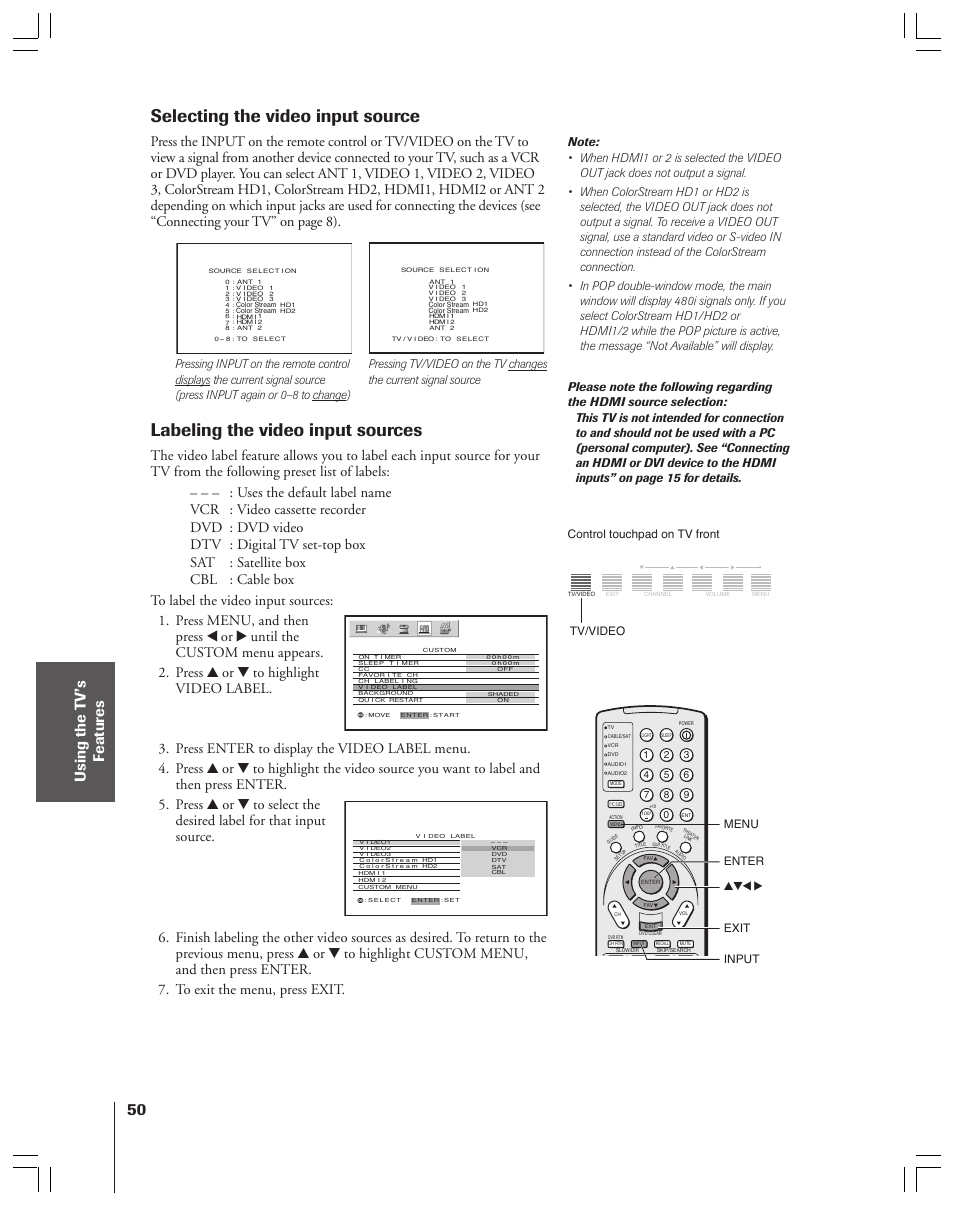Selecting the video input source, Labeling the video input sources | Toshiba 52HMX84 User Manual | Page 50 / 72