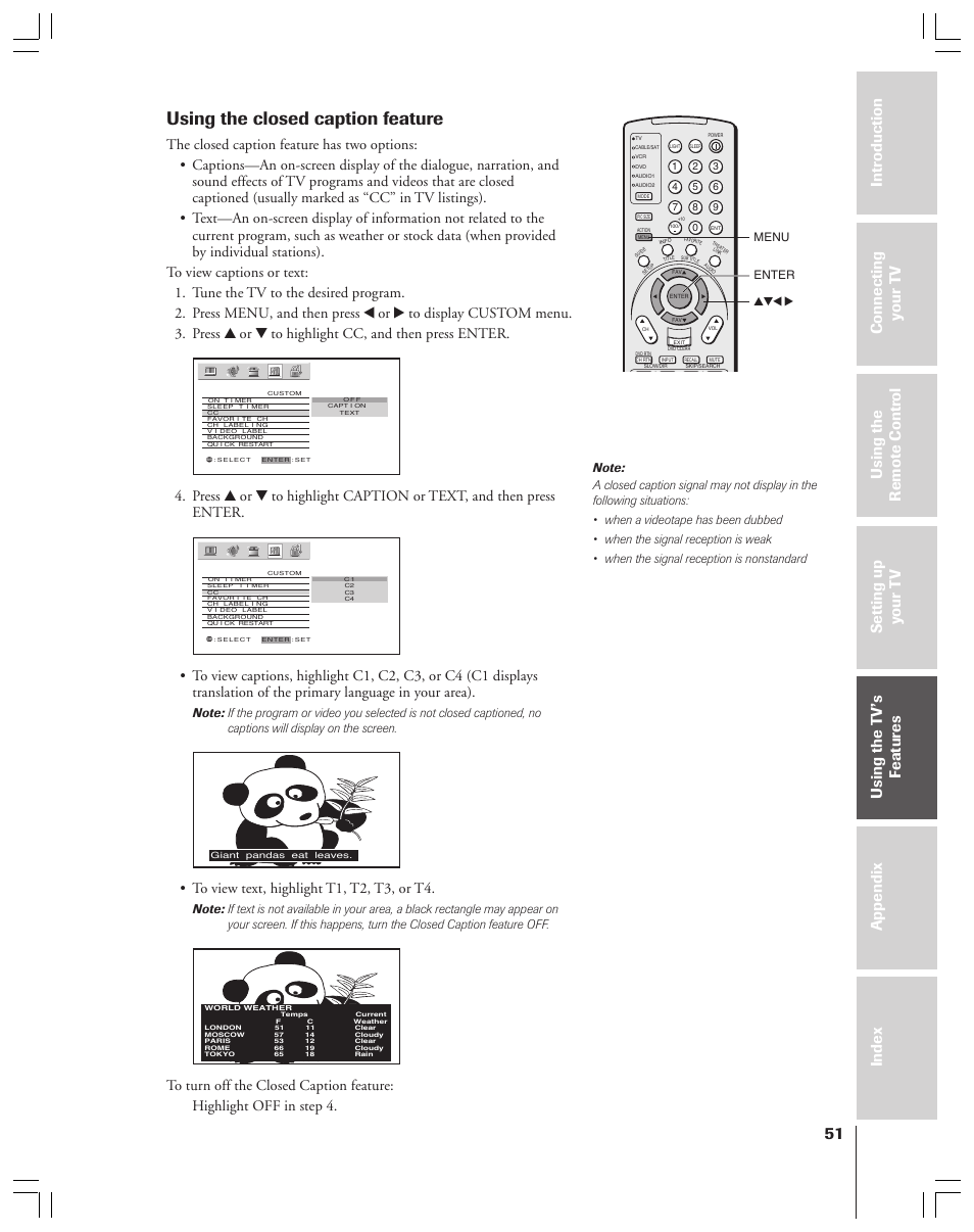 Using the closed caption feature | Toshiba 52HMX84 User Manual | Page 51 / 72