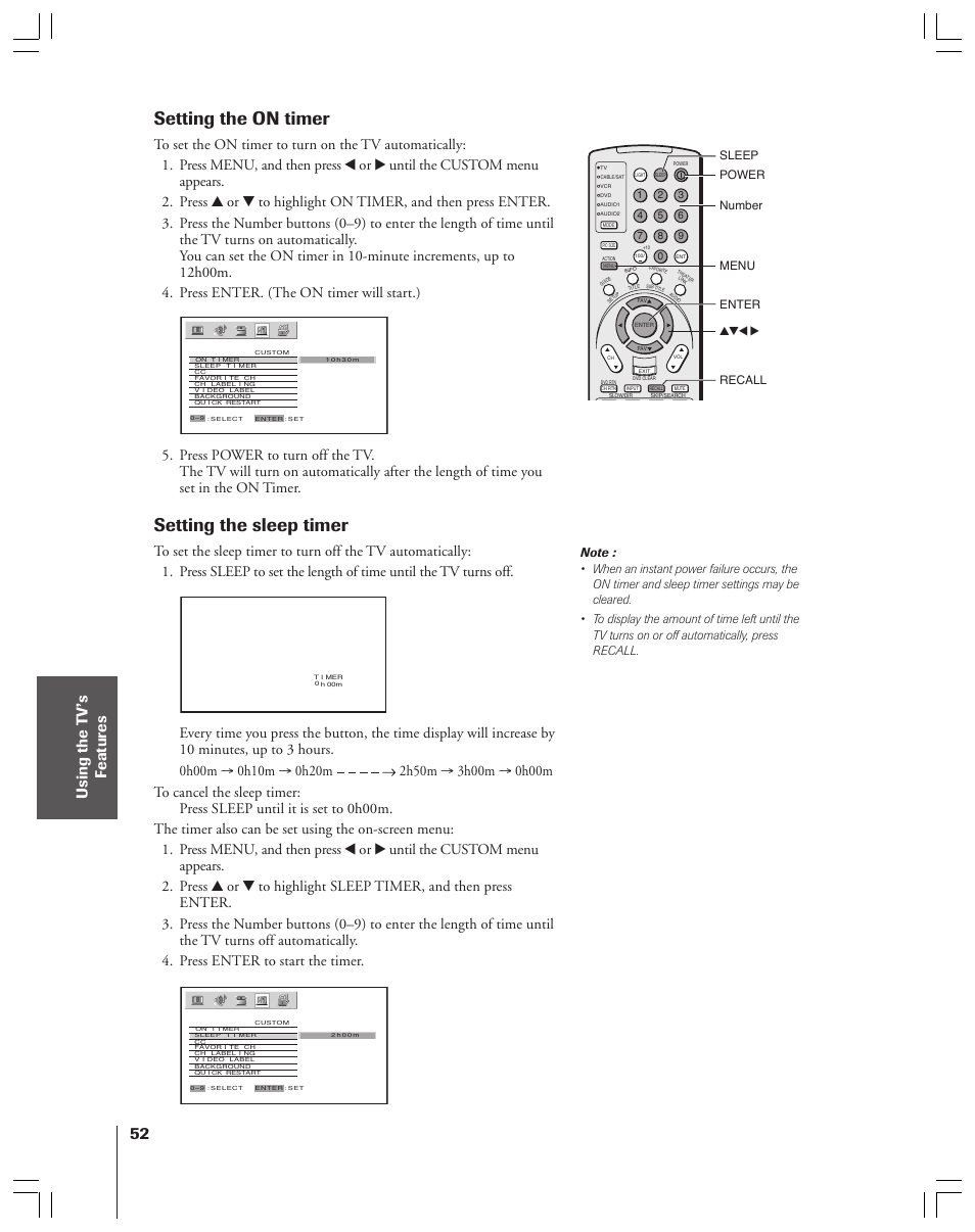 Setting the on timer, Setting the sleep timer | Toshiba 52HMX84 User Manual | Page 52 / 72