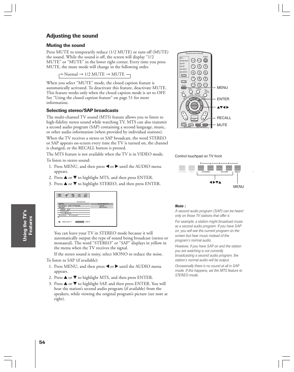 Adjusting the sound, Muting the sound, Selecting stereo/sap broadcasts | Toshiba 52HMX84 User Manual | Page 54 / 72