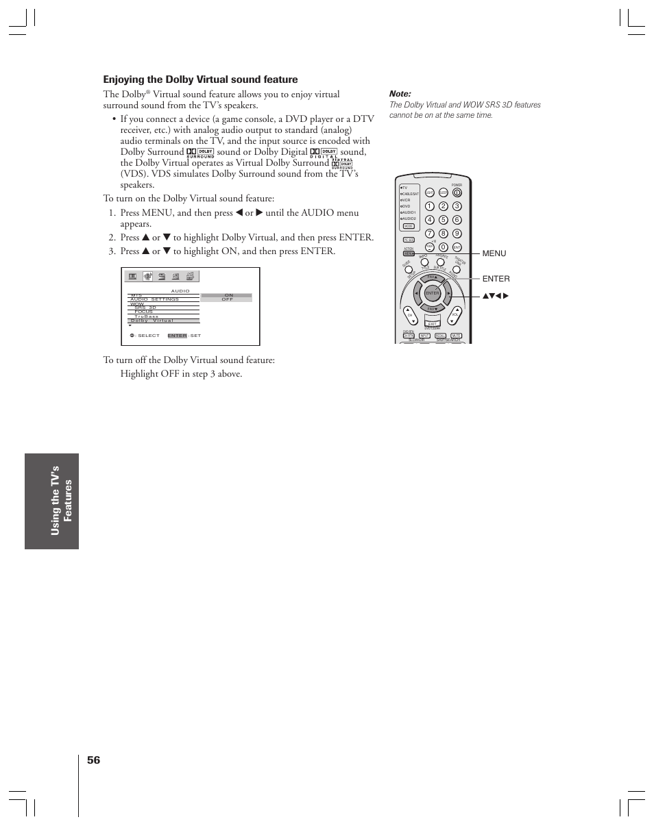 Enjoying the dolby virtual sound feature, The dolby | Toshiba 52HMX84 User Manual | Page 56 / 72