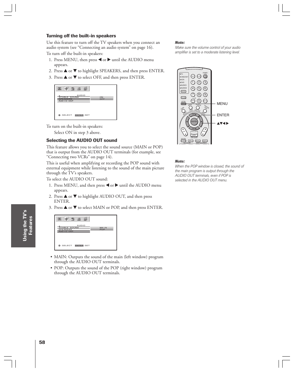 Turning off the built-in speakers, Selecting the audio out sound | Toshiba 52HMX84 User Manual | Page 58 / 72