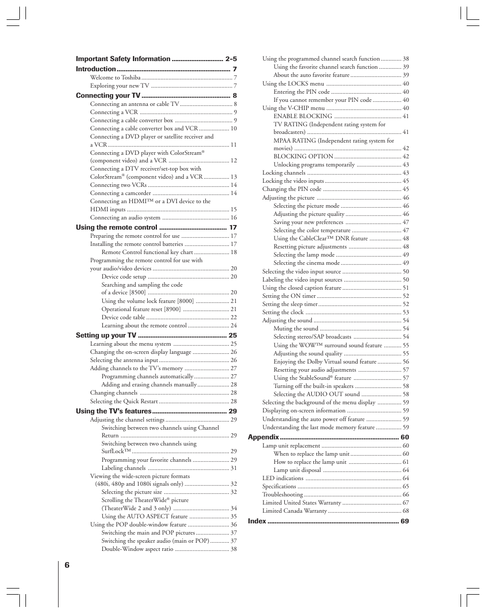 Toshiba 52HMX84 User Manual | Page 6 / 72