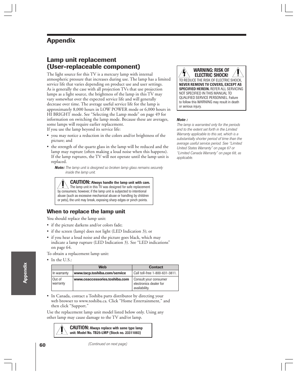 When to replace the lamp unit | Toshiba 52HMX84 User Manual | Page 60 / 72