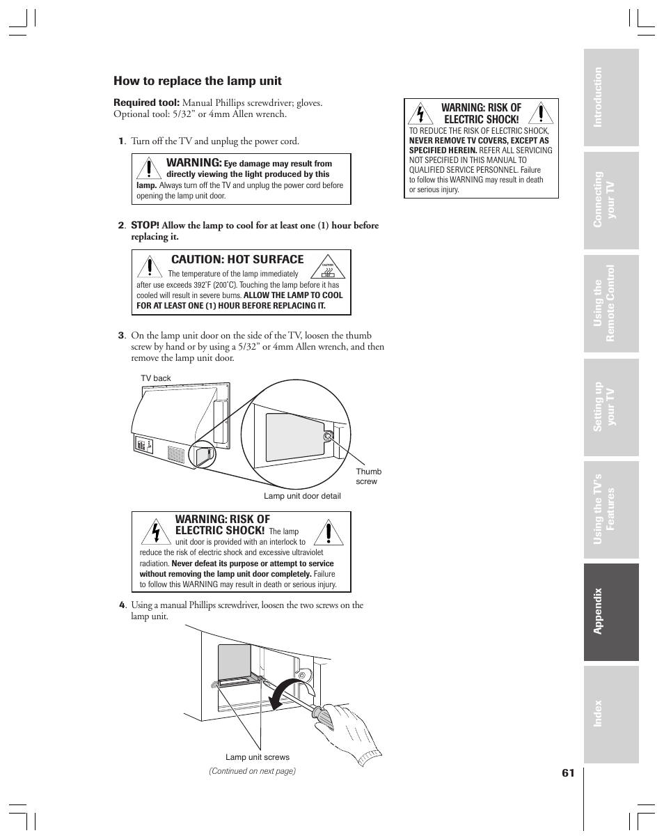 How to replace the lamp unit | Toshiba 52HMX84 User Manual | Page 61 / 72