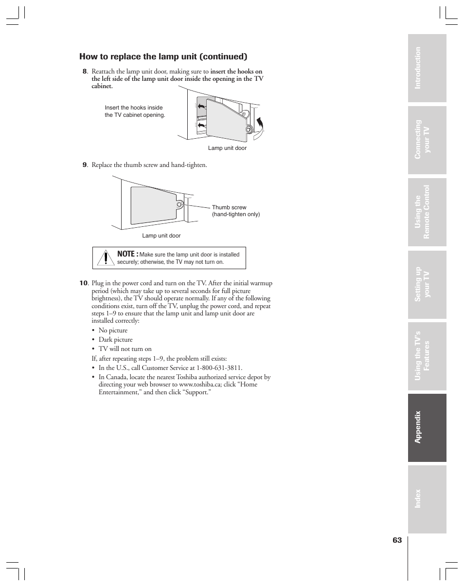 How to replace the lamp unit (continued) | Toshiba 52HMX84 User Manual | Page 63 / 72