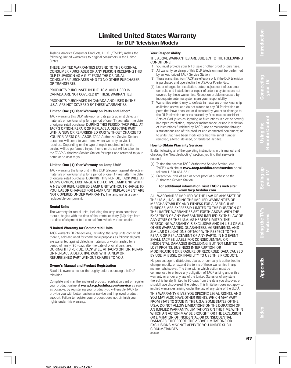 Limited united states warranty | Toshiba 52HMX84 User Manual | Page 67 / 72