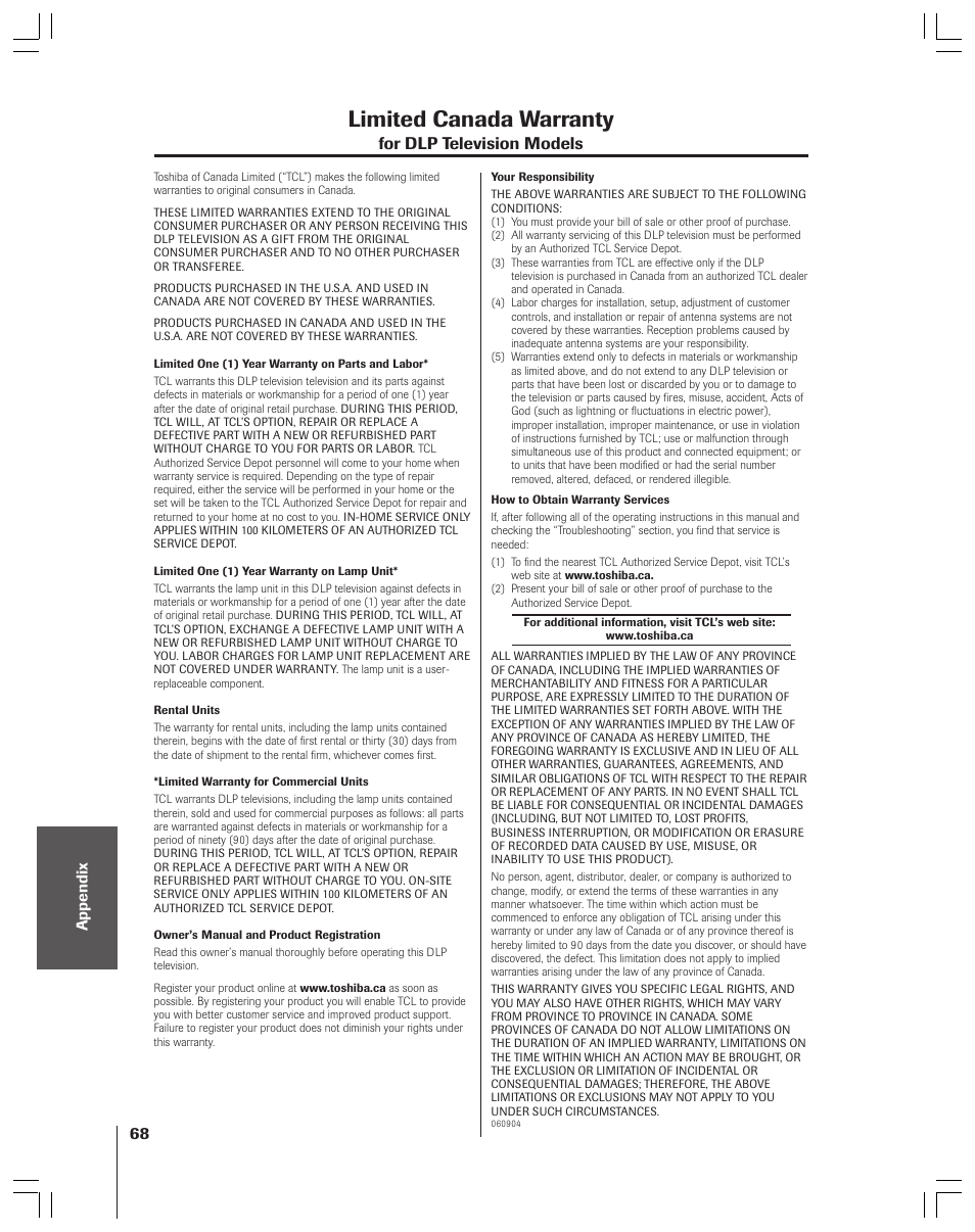 Limited canada warranty | Toshiba 52HMX84 User Manual | Page 68 / 72