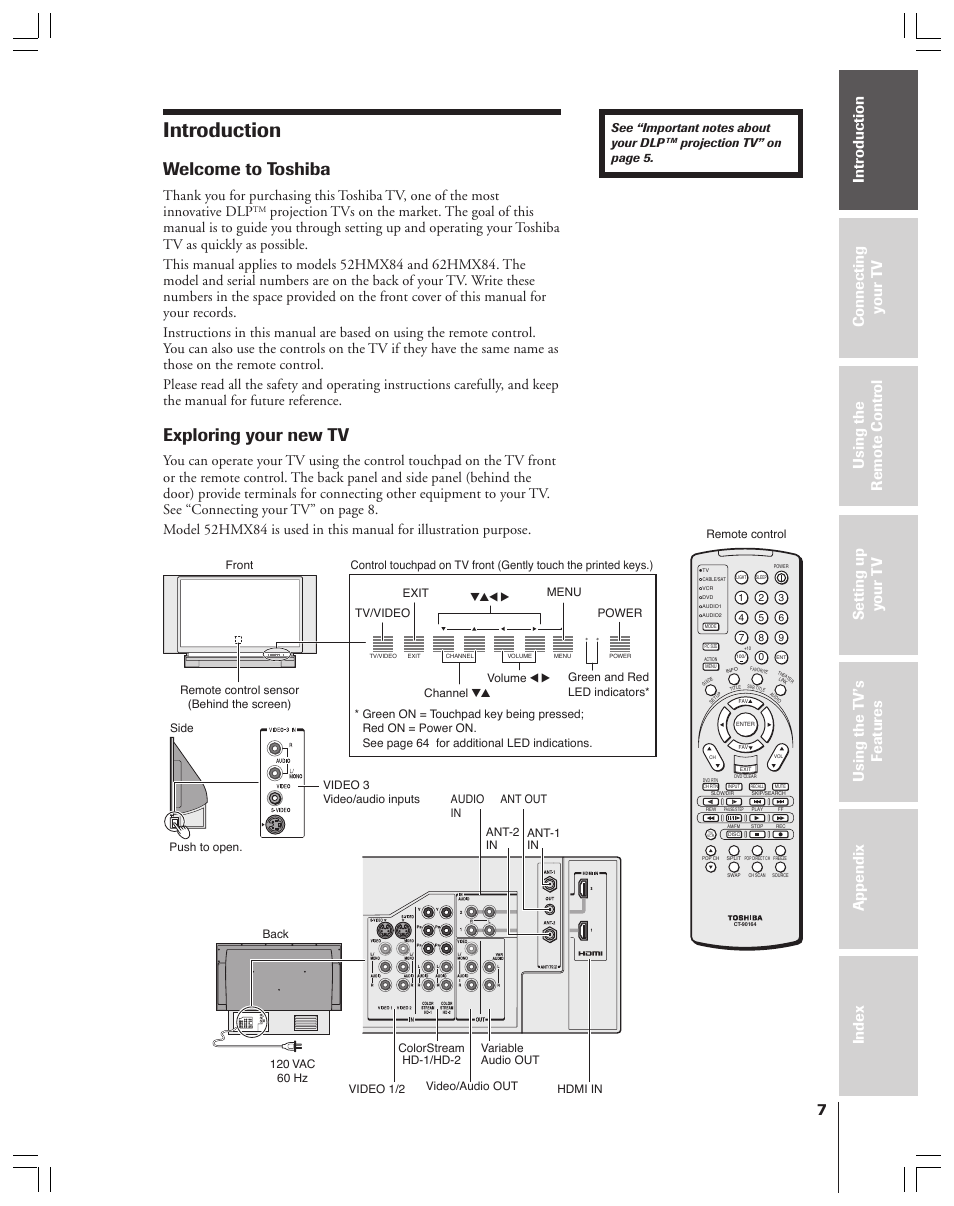 Introduction, Welcome to toshiba, Exploring your new tv | Menu volume channel exit tv/video power | Toshiba 52HMX84 User Manual | Page 7 / 72