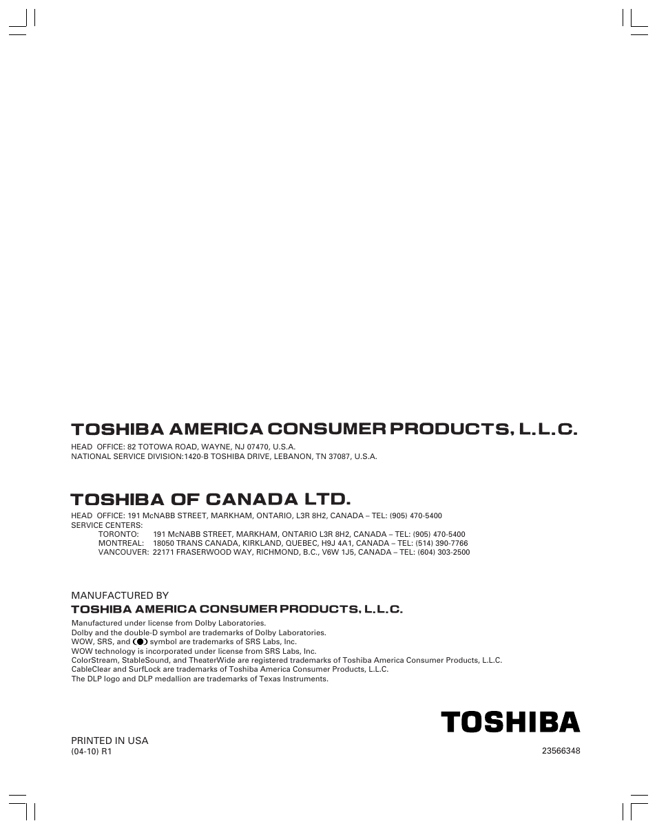 Toshiba 52HMX84 User Manual | Page 72 / 72