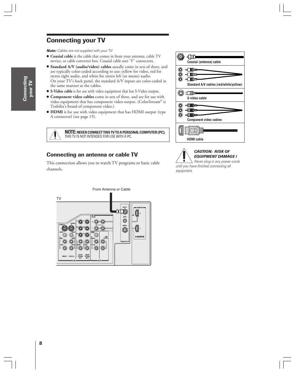 Connecting your tv, Connecting an antenna or cable tv | Toshiba 52HMX84 User Manual | Page 8 / 72