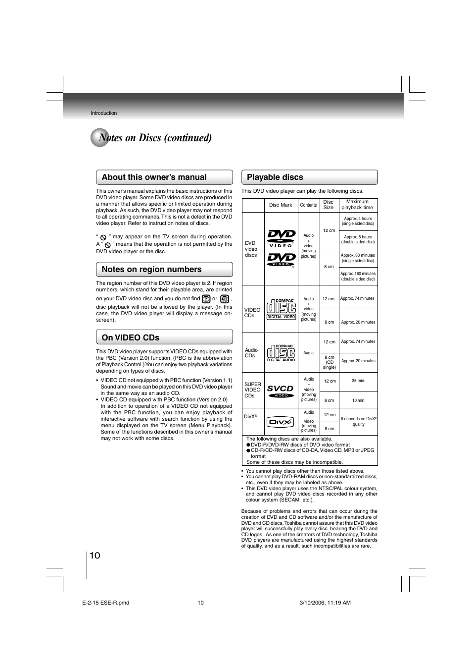 Playable discs, About this owner’s manual, On video cds | Toshiba SD-360ESE User Manual | Page 10 / 68