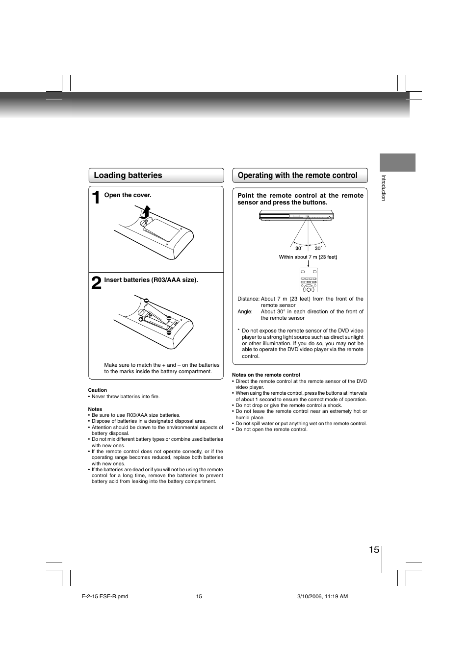 Operating with the remote control, Loading batteries | Toshiba SD-360ESE User Manual | Page 15 / 68