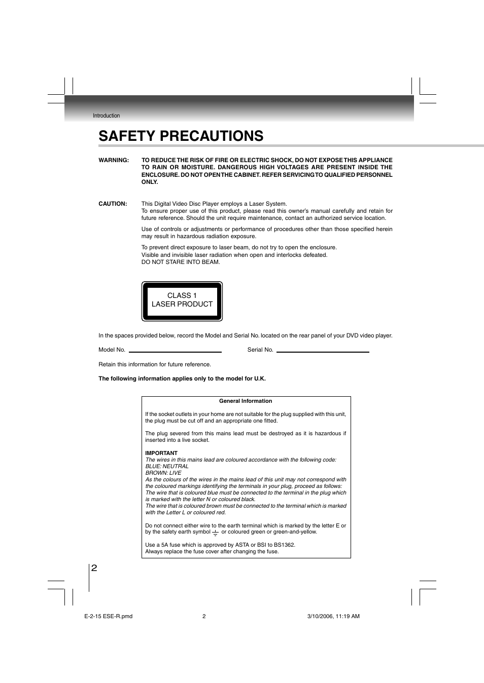 Safety precautions | Toshiba SD-360ESE User Manual | Page 2 / 68