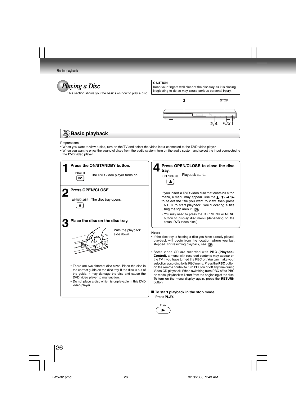 Playing a disc | Toshiba SD-360ESE User Manual | Page 26 / 68