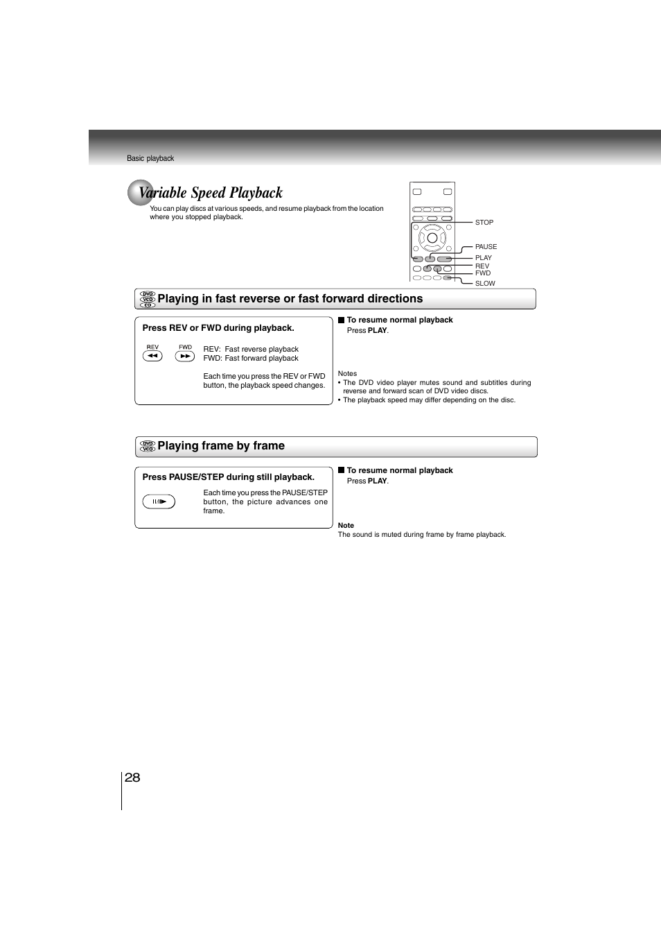 Variable speed playback, Playing in fast reverse or fast forward directions, Playing frame by frame | Toshiba SD-360ESE User Manual | Page 28 / 68